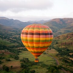 Obraz premium Colorful hot air balloon soaring over lush green hills during sunrise