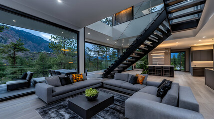 Modern mountain home interior, twilight view