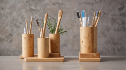 Eco-Friendly Bamboo Toothbrush Holders with Natural Greenery Accents on a Neutral Surface