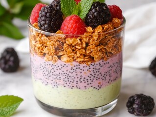 Colorful layered dessert with berries and granola in a glass on a marble surface