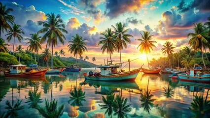 Fototapeta premium Vibrant Double Exposure: Colorful Boats & Tropical Paradise