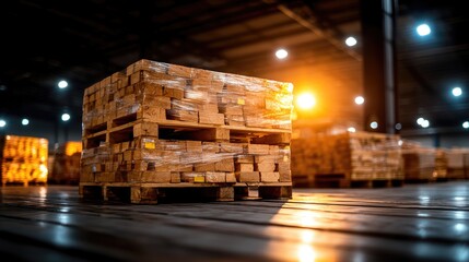 Wooden Pallets Stacked in Warehouse