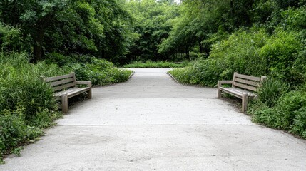 Park Path with Benches, Sunny Day