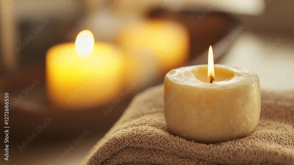 Poster Tranquil scene with lit candles on a soft towel creating a relaxing atmosphere : Generative AI
