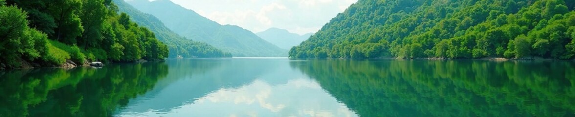 Obraz premium Lake's surface reflects the surrounding lush greenery, scenery, reflection, tranquility