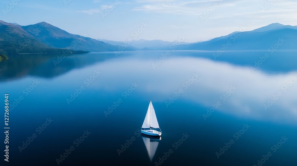 Aufkleber serene aerial view of a white sailboat gliding on a calm lake surrounded by majestic mountains : gen
