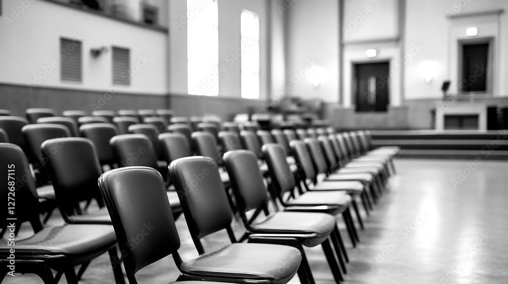 Poster empty rows of black chairs in a spacious hall captured in black and white : generative ai
