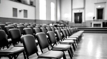 Empty rows of black chairs in a spacious hall captured in black and white : Generative AI