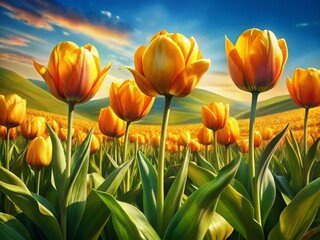 Vibrant Gold Tulip Field Landscape Photography - Spring Blossoms
