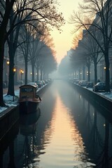 Quiet morning on the canal with mist rising from water, quiet, milan, morning