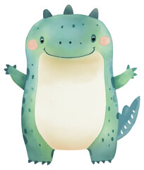 Cute cartoon dinosaur character with a friendly smile and vibrant colors isolated on transparent background.