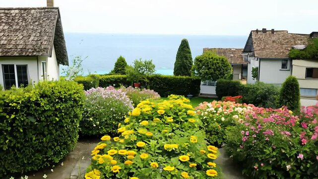 Vibrant garden with colorful flowers overlooking a calm sea, creating a peaceful and picturesque landscape. Concept of tranquility and natural beauty