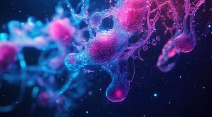Abstract microscopic cells interacting in vibrant colors