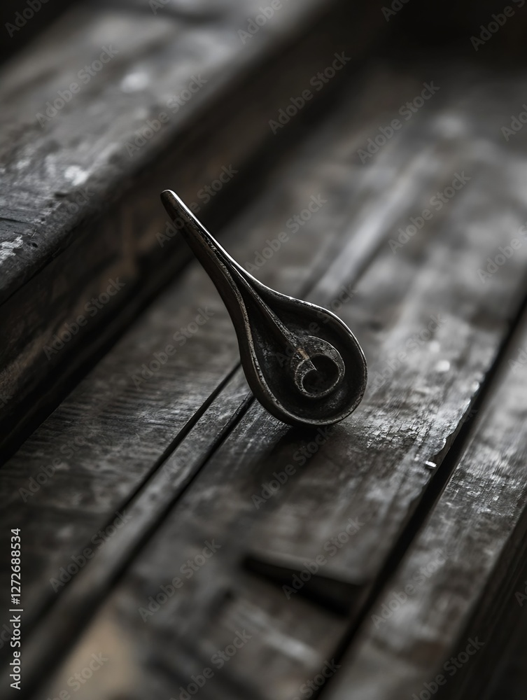 Poster intricate vintage metal object delicately placed on rustic wooden surface showcasing craftsmanship a