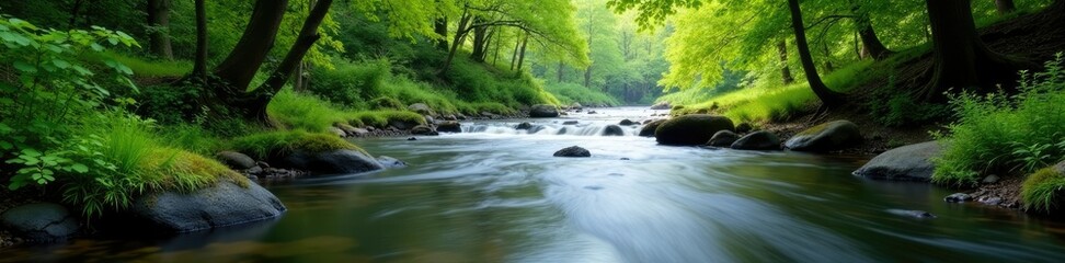 Serene landscape of a quiet river flowing through the woods, flow, scenery, peaceful
