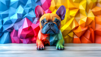 Colorful french bulldog posing on a wooden floor with a geometric background