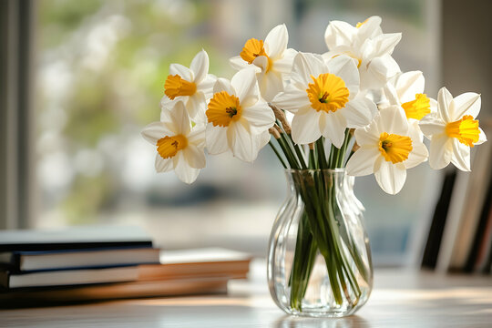 A glass vase holds white daffodils with yellow centers on a desk, surrounded by books and office supplies. The blurred office background highlights the bright colors of the flowers. - Powered by Adobe