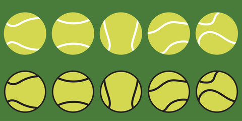 Vector green tennis ball set collection Isolated on green background.