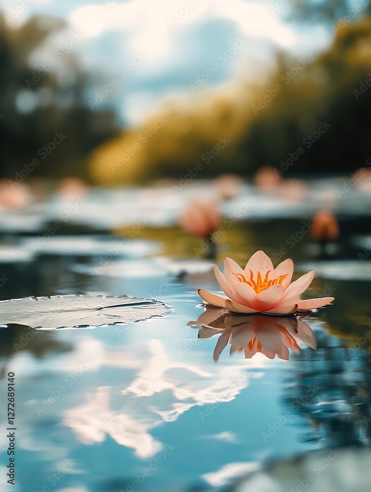 Poster beautiful water lily blooming on a pond with reflection and soft colors : generative ai