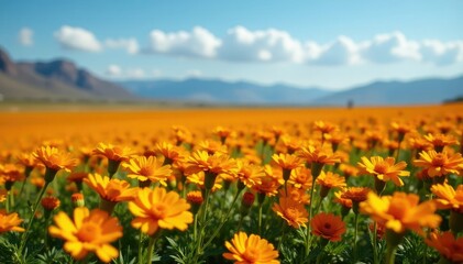 Fototapeta premium Orange marigolds and yellow daisies bloom freely, desert landscape, flower field, golden blooms