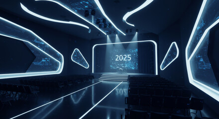 Futuristic presentation stage setup for year two thousand twenty five