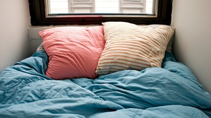 Cozy bedroom corner with colorful pillows on a rumpled bed near a window