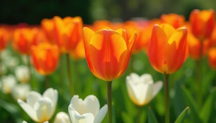Obraz premium Orange tulip blooms in a bed of white flowers, spring, nature