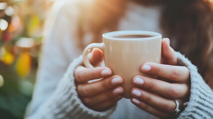 Warm Cozy Hands Holding a Mug of Coffee in a Sunlit Garden Creating a Relaxing Atmosphere : Generative AI