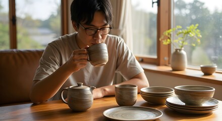 Asian man enjoying tea at home. Tranquil morning ritual with handmade ceramic set. Cozy interior, natural light from window. Mindful living and self-care concept.