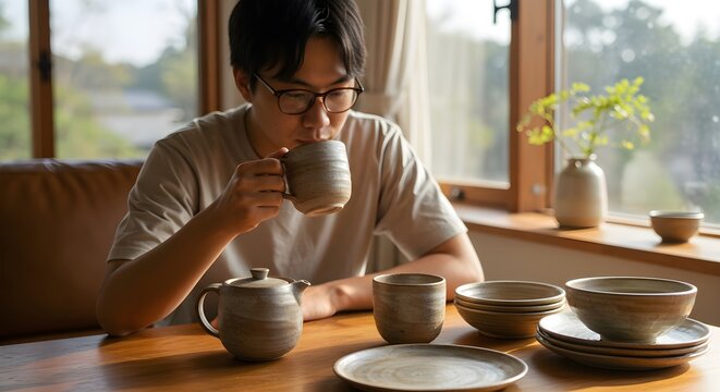 Asian man enjoying tea at home. Tranquil morning ritual with handmade ceramic set. Cozy interior, natural light from window. Mindful living and self-care concept.