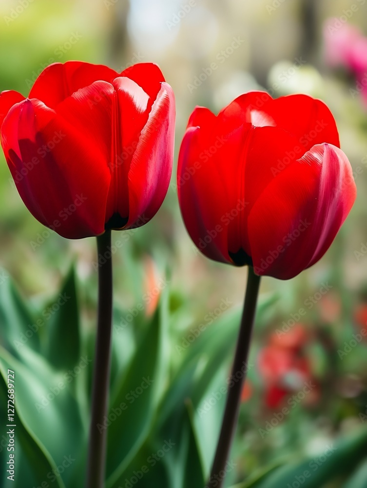 Poster vibrant red tulips in bloom signifying beauty and springtime cheerfulness in a colorful garden : gen