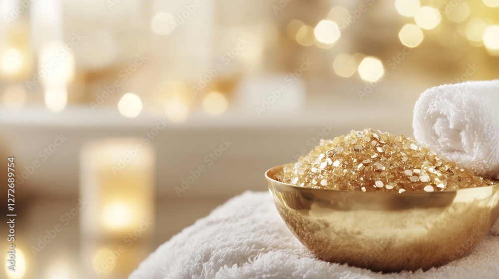 Poster golden spa setting with luxurious bath salts and soft towels in bathtub : generative ai