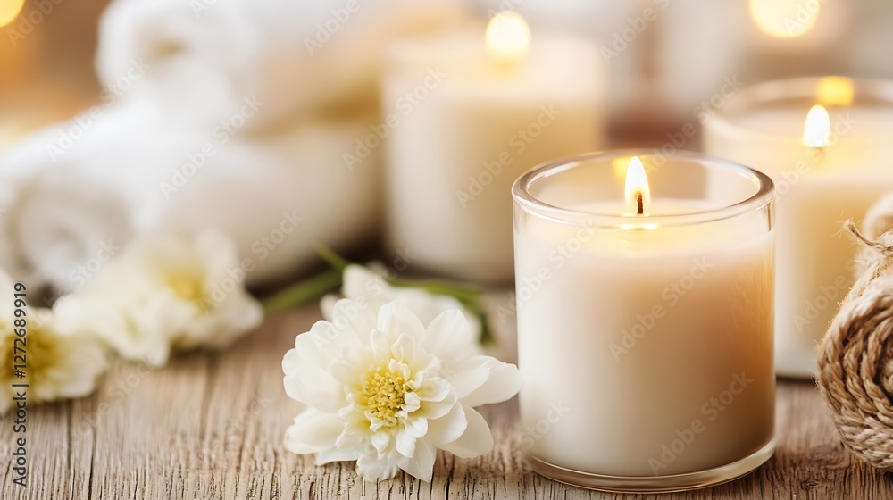 Poster Luxurious set of candle jars with flowers and towels creating a tranquil spa atmosphere at home : Generative AI
