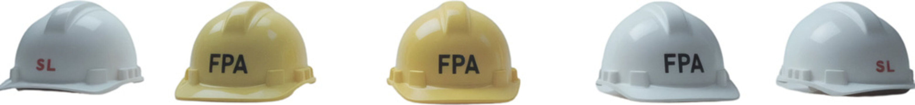 Collection of White and Beige Hard Hats with FPA and SL Logos Safety Equipment
