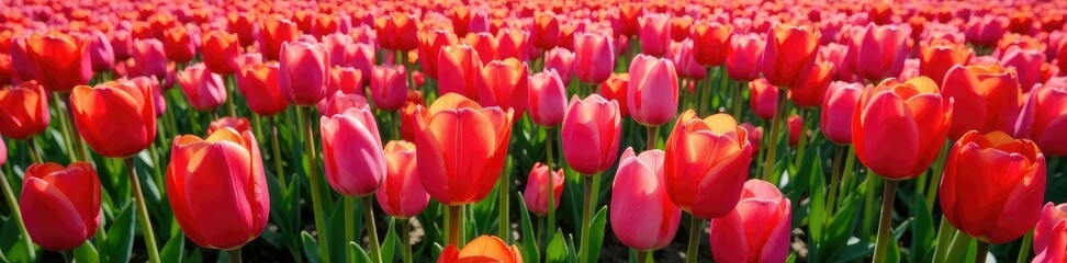 Overhead shot of a field filled with blooming tulips, vast landscape, floral arrangement