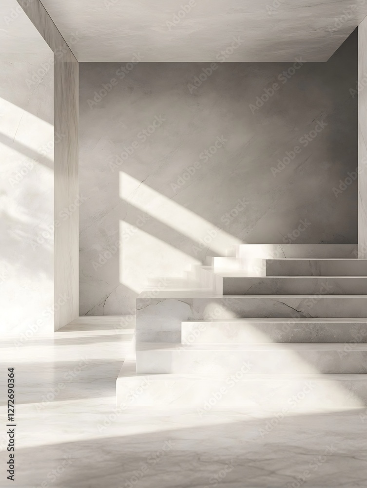 Aufkleber stylish minimalistic interior with light and shadows on marble steps : generative ai