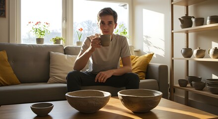 Woman drinking tea on cozy sofa with handmade pottery. Ceramic artist relaxing at home studio. Sunlit interior with shelves of artisanal bowls. Hygge lifestyle concept.