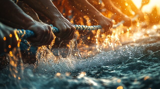 Teamwork Pulling A Rope Through Water At Sunset