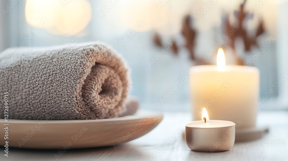 Aufkleber relaxing spa ambiance with soft candlelight rolled towel and elegant decor for a calm atmosphere : g