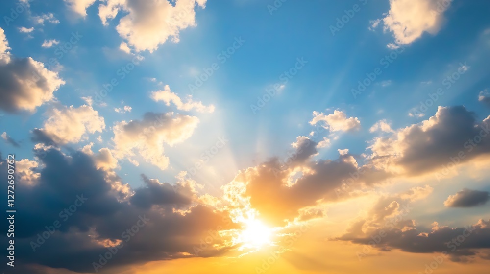 Aufkleber stunning sunset over cloudy sky with rays of sunshine emitting through the clouds : generative ai