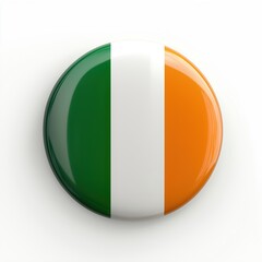 3D rendering a round button or badge with the flag of Ireland on it. The flag is made up of three horizontal stripes of green, white, and orange