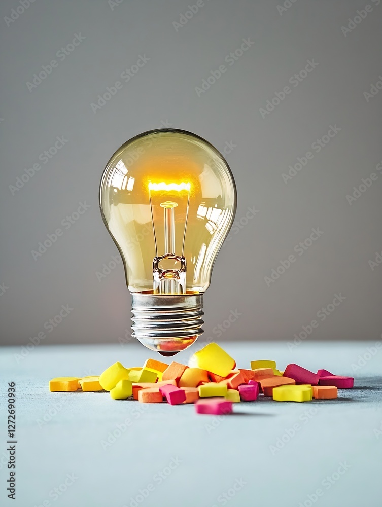 Poster creative light bulb floating above colorful candies for innovative ideas and inspiration : generativ