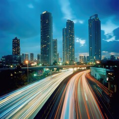 Obraz premium City Expressway at Night, Skyscrapers Background, Blurred Car Trails