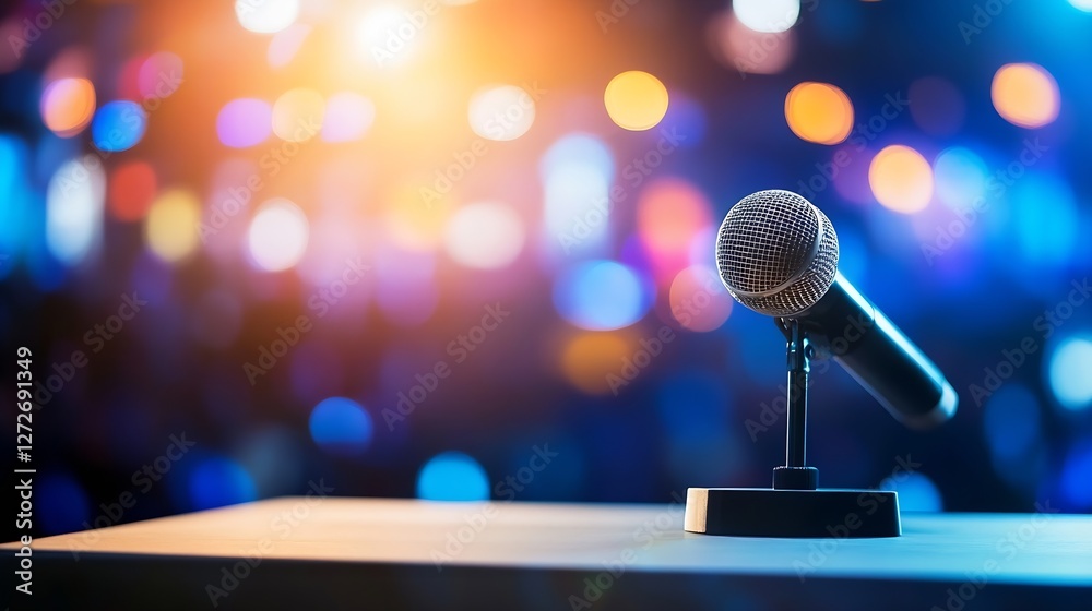 Aufkleber Microphone on a stand against a vibrant bokeh background at a live event or performance : Generative AI