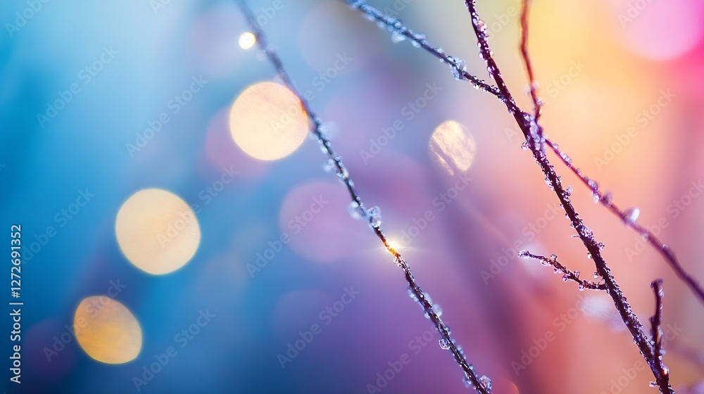 Poster Glistening Twigs with Dew Drops and Colorful Bokeh Background for Artistic Effect : Generative AI