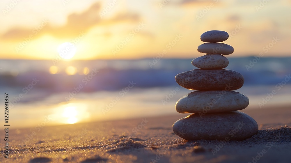 Poster serene stack of smooth stones on a sandy beach at sunset : generative ai