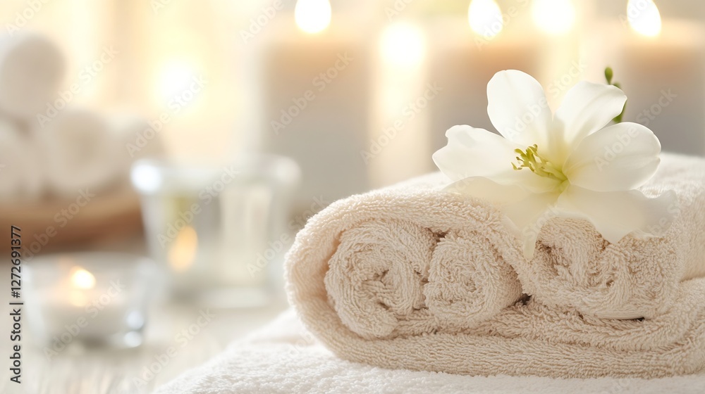Aufkleber Relaxing Spa Setting with Soft Towel Flower and Candles in the Background : Generative AI