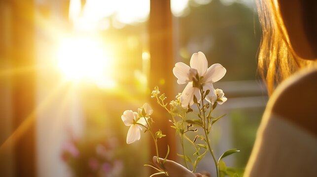 Woman Holding White Flowers Against Sunlit Background of Morning Light : Generative AI