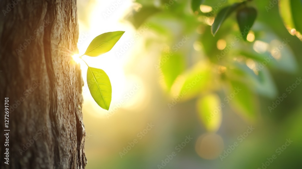 Poster close-up of vibrant green leaves illuminated by sunlight peeking through a tree trunk in nature : ge