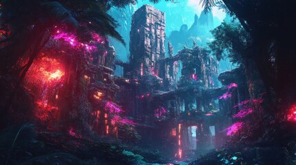 Enigmatic Ruins in a Bioluminescent Jungle